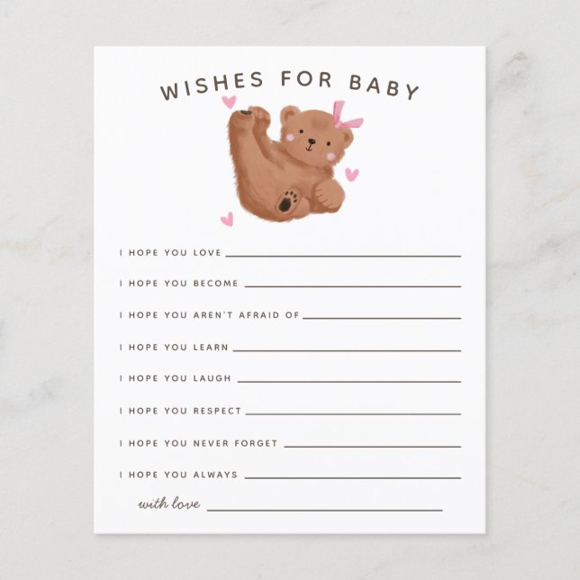 Cute Pink Cub Bear Shower Wishes for Baby Card (Front)