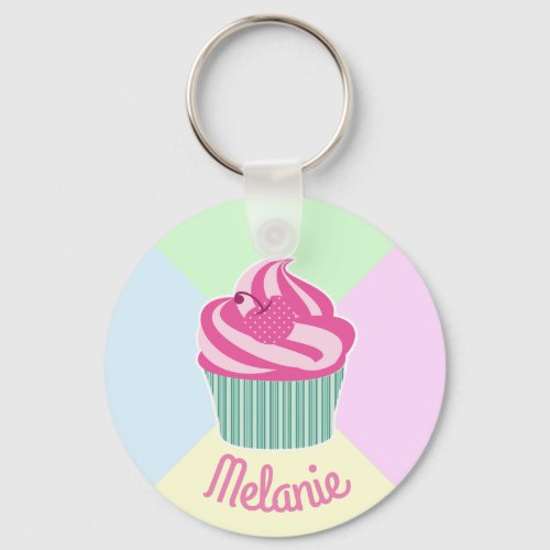 Cute Pink Cupcake and Pastel Colors Personalised Keychain