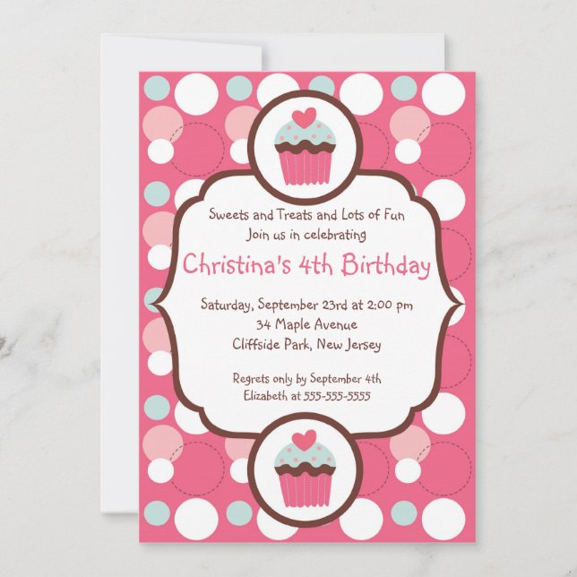 Cute Pink Cupcake Birthday Party Invitation (Front)