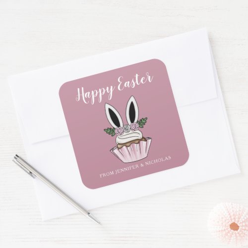Cute Pink Cupcake Bunny Ears Happy Easter Square Sticker