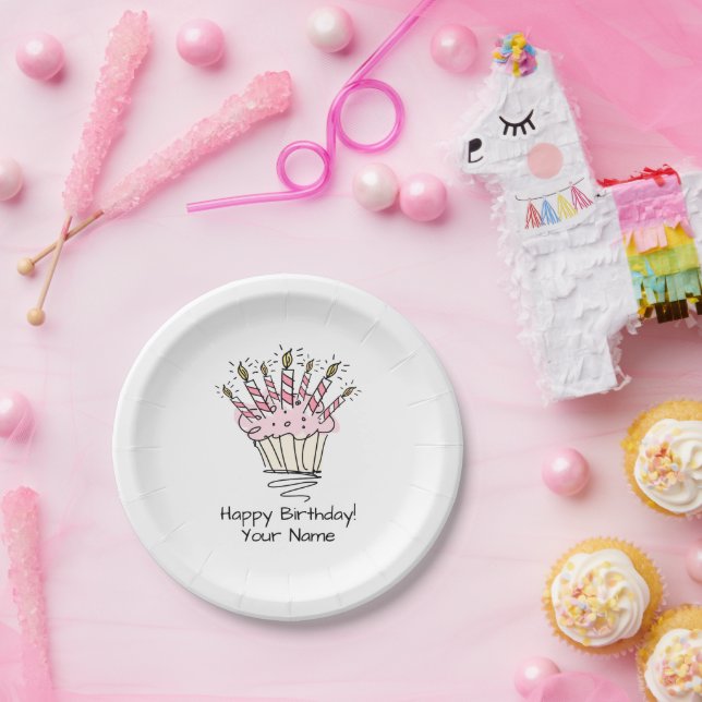 Cute pink cupcake drawing Birthday party plates (Party)
