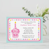 Cute Pink Cupcake Girl Birthday Party Invitation (Standing Front)