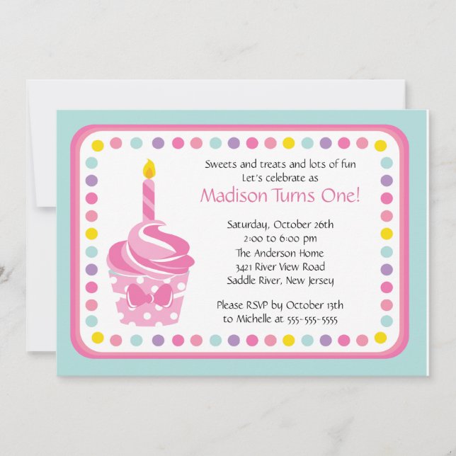 Cute Pink Cupcake Girl Birthday Party Invitation (Front)