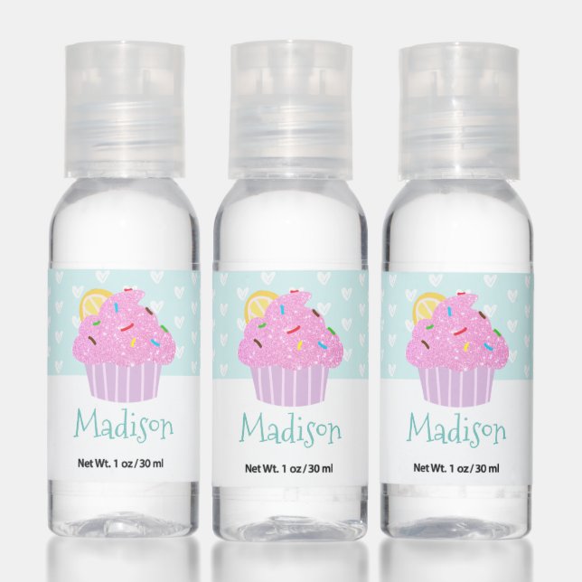 Cute pink cupcake hearts turquoise custom name hand sanitizer (Set)