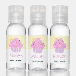 Cute pink cupcake hearts yellow modern custom name hand sanitizer