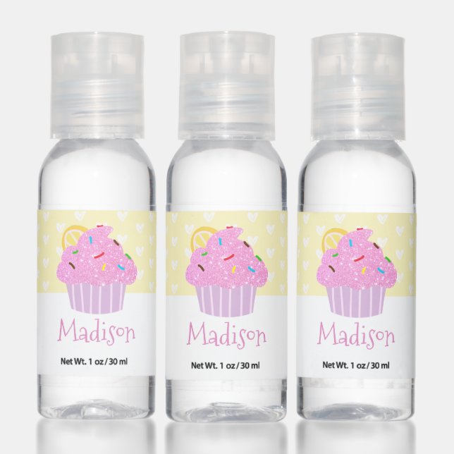 Cute pink cupcake hearts yellow modern custom name hand sanitizer (Set)