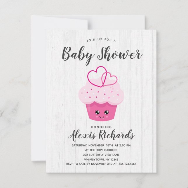 Cute Pink Cupcake Kawaii Baby Shower Invitation (Front)