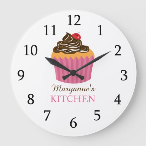 Cute Pink Cupcake Kitchen  Custom Name  Large Clock