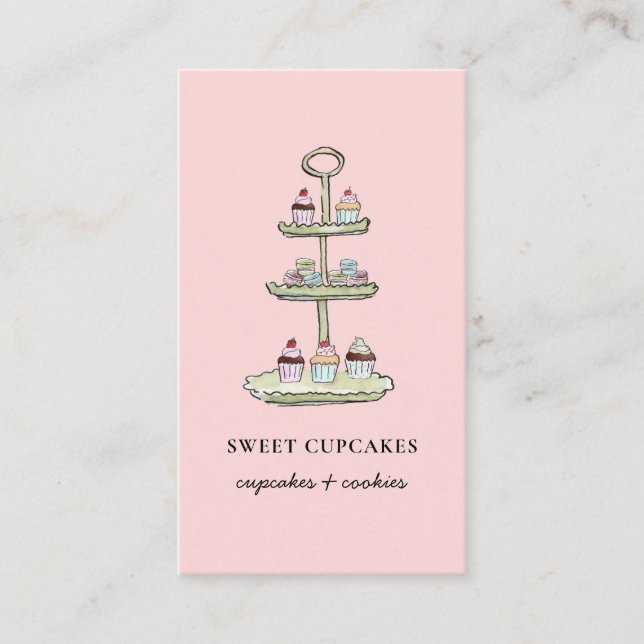 Cute Pink Cupcake Macaroon Bakery  Business Card (Front)