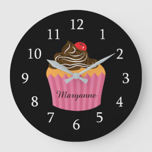 Cute Pink Cupcake On Black Personalized Kitchen Large Clock