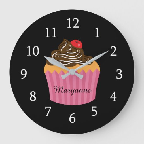 Cute Pink Cupcake On Black Personalized Kitchen Large Clock