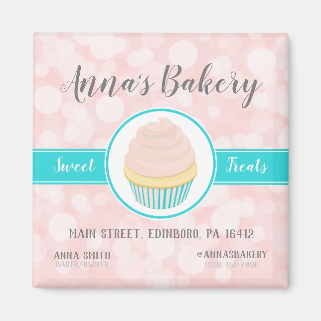 Cute Pink Cupcake on Pink Business Marketing Magnet (Front)