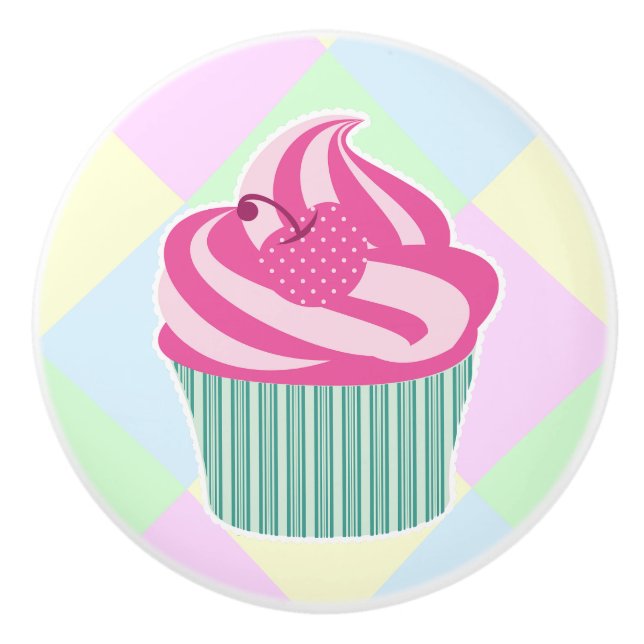 Cute Pink Cupcake Pastel Colors Ceramic Knob (Front)