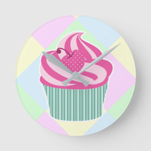 Cute Pink Cupcake Pastel Colors Round Clock
