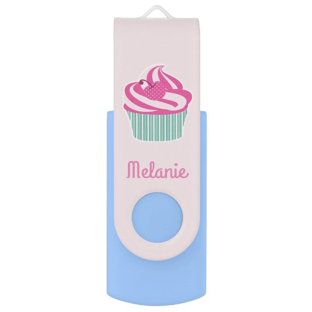 Cute Pink Cupcake Pastel Pink Flash Drive (Back (Vertical))