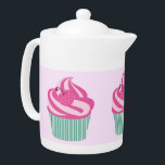 Cute Pink Cupcake Pastel Pink Teapot<br><div class="desc">Cute pink frosted cupcakes with pink cherry topping in a stripy green case on a pastel background.</div>