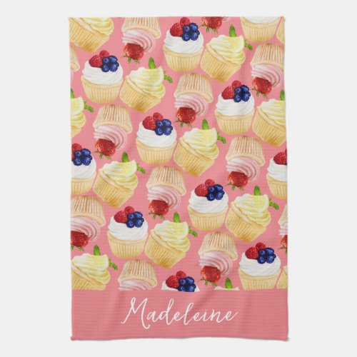 Cute Pink Cupcake Pattern Script Name Kitchen Towel