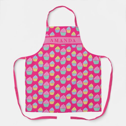 Cute pink cupcake print custom name kitchen baking apron