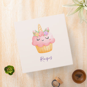 Cute Pink Cupcake Unicorn with Roses 3 Ring Binder