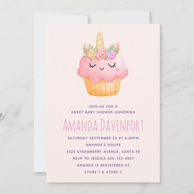 Cute Pink Cupcake Unicorn with Roses Baby Shower Invitation (Front)
