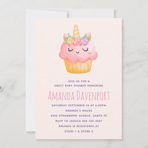 Cute Pink Cupcake Unicorn with Roses Baby Shower Invitation