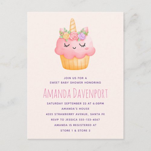 Cute Pink Cupcake Unicorn with Roses Baby Shower Invitation Postcard