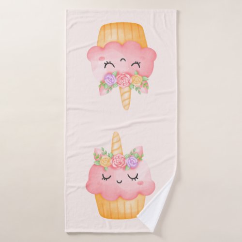 Cute Pink Cupcake Unicorn with Roses Bath Towel Set