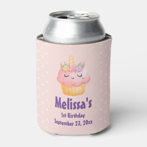 Cute Pink Cupcake Unicorn with Roses Birthday Can Cooler