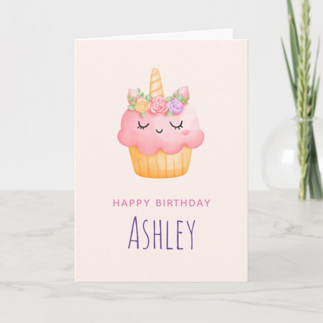 Cute Pink Cupcake Unicorn with Roses Birthday Card (Front)
