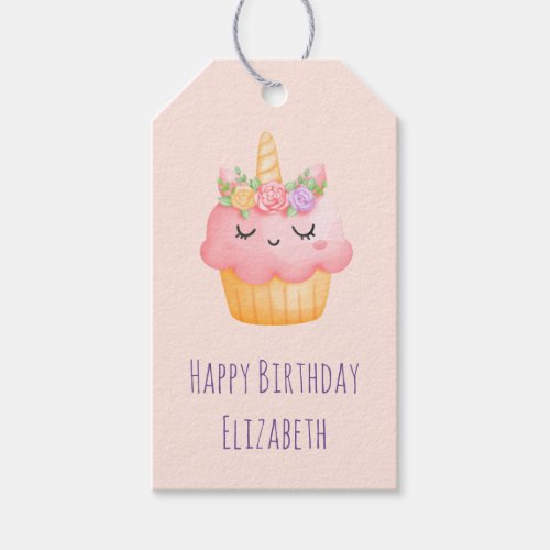  Cute Pink Cupcake Unicorn with Roses Birthday Gift Tags