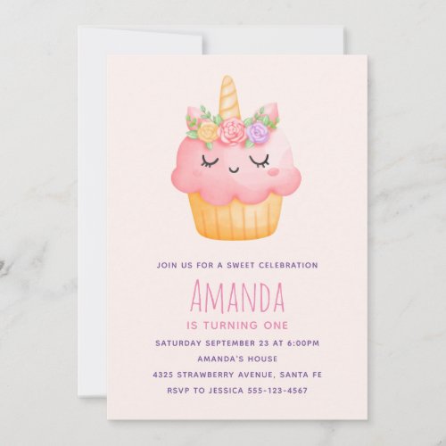 Cute Pink Cupcake Unicorn with Roses Birthday Invitation