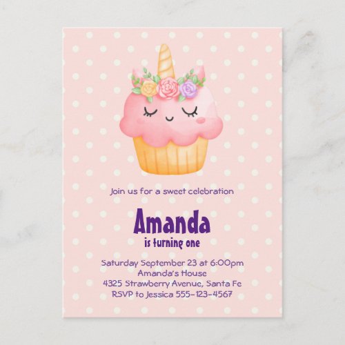 Cute Pink Cupcake Unicorn with Roses Birthday Invitation Postcard