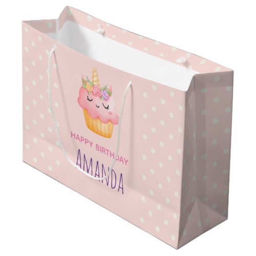 Cute Pink Cupcake Unicorn with Roses Birthday Large Gift Bag