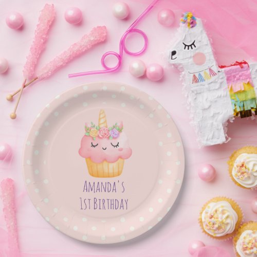 Cute Pink Cupcake Unicorn with Roses Birthday Paper Plates