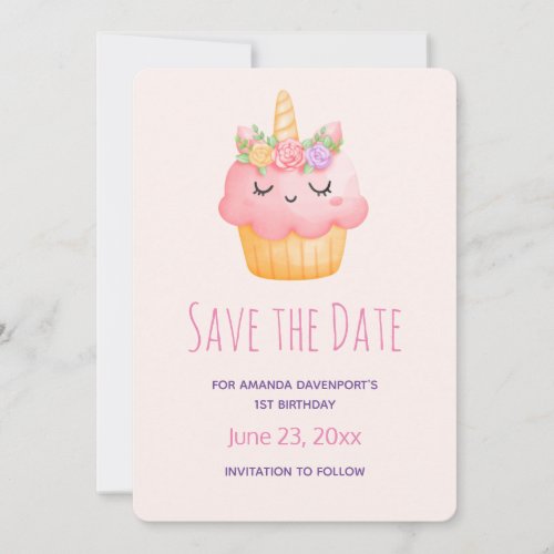 Cute Pink Cupcake Unicorn with Roses Birthday Save The Date