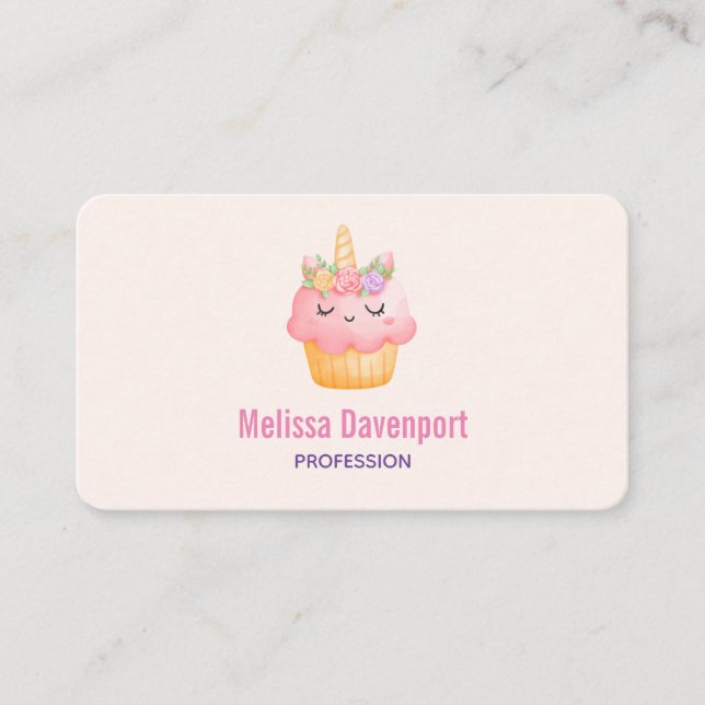 Cute Pink Cupcake Unicorn with Roses Business Card (Front)