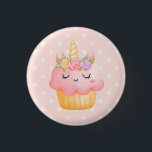 Cute Pink Cupcake Unicorn with Roses Button<br><div class="desc">Button with a watercolor drawing of a cupcake with pink icing,  a unicorn horn and colorful roses.</div>