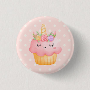 Cute Pink Cupcake Unicorn with Roses Button