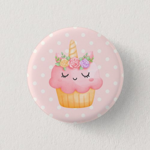 Cute Pink Cupcake Unicorn with Roses Button