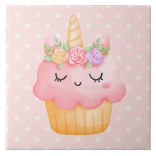 Cute Pink Cupcake Unicorn with Roses Ceramic Tile