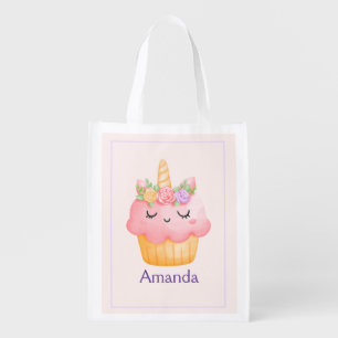 Cute Pink Cupcake Unicorn with Roses Grocery Bag