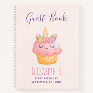 Cute Pink Cupcake Unicorn with Roses Guest Book