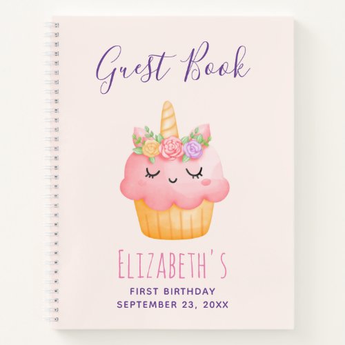 Cute Pink Cupcake Unicorn with Roses Guest Book