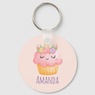 Cute Pink Cupcake Unicorn with Roses Keychain