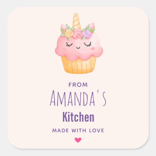 Cute Pink Cupcake Unicorn with Roses Kitchen Square Sticker