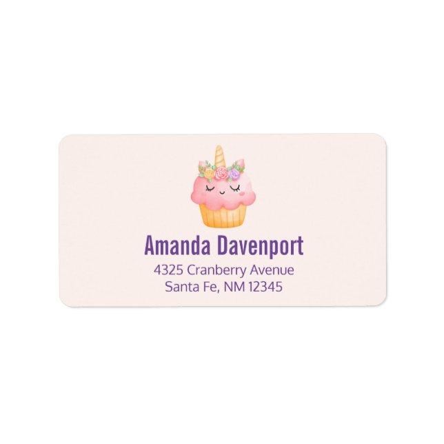 Cute Pink Cupcake Unicorn with Roses Label (Front)