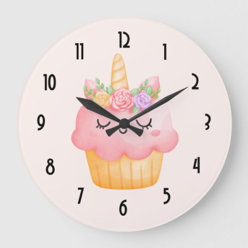 Cute Pink Cupcake Unicorn with Roses Large Clock