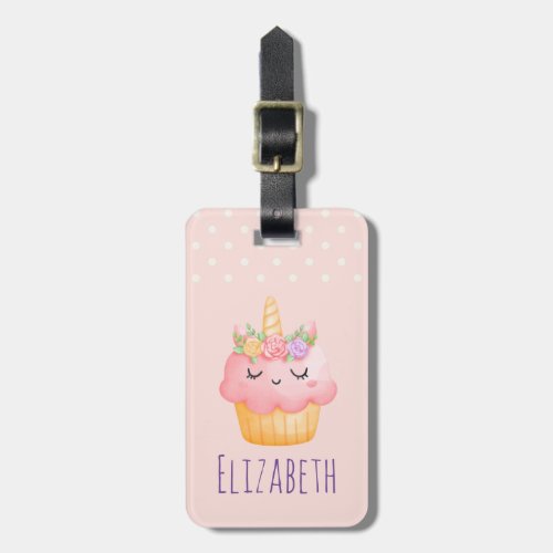 Cute Pink Cupcake Unicorn with Roses Luggage Tag