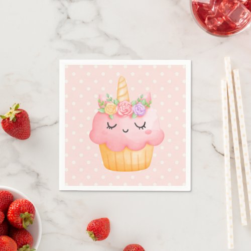 Cute Pink Cupcake Unicorn with Roses Napkins