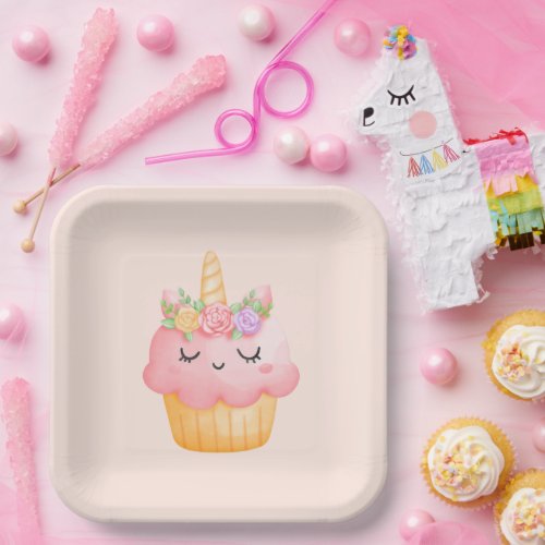Cute Pink Cupcake Unicorn with Roses Paper Plates